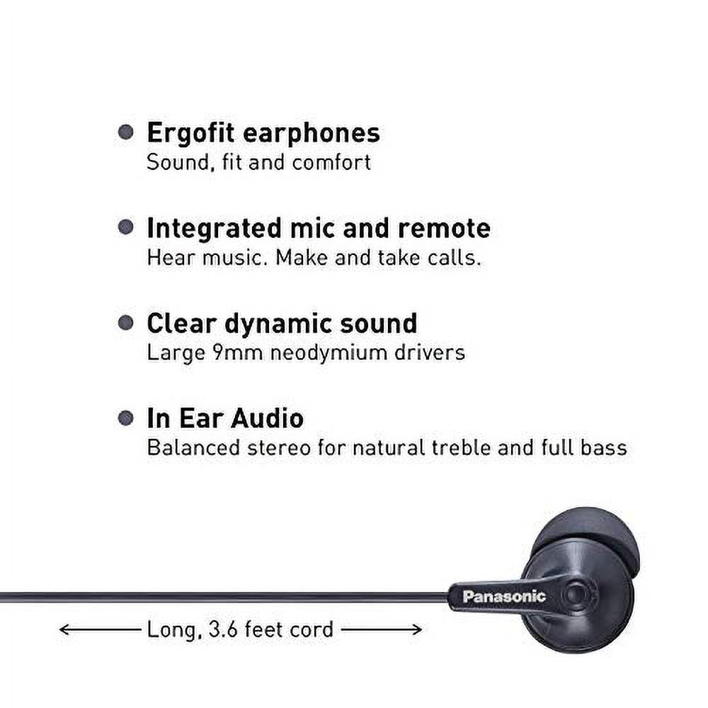 Panasonic ErgoFit Earbud Headphones with Microphone and Neodymium Drivers, RP-TCM125 (Matte Black), RP-TCM125-KA
