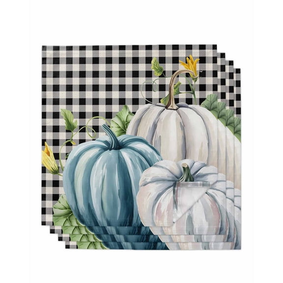 Thanksgiving Pumpkin Cloth Napkins Set of 4 Reusable Dinner Napkins, Blue White Fall Leaves Black Plaid Cocktail Napkin Washable Table Napkins for Wedding/Holiday Party/Baby Shower 20"x20"