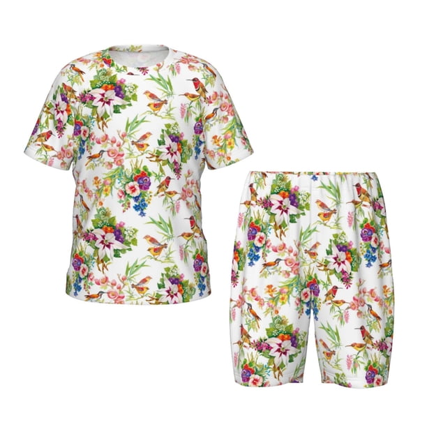 Fotbe Birds And Flowers Pijama Estampada de 2 Piezas para Niños – Ropa de Dormir de Manga Corta Cómoda para Niños y Niñas, Camiseta y Shorts de Algodón-Small