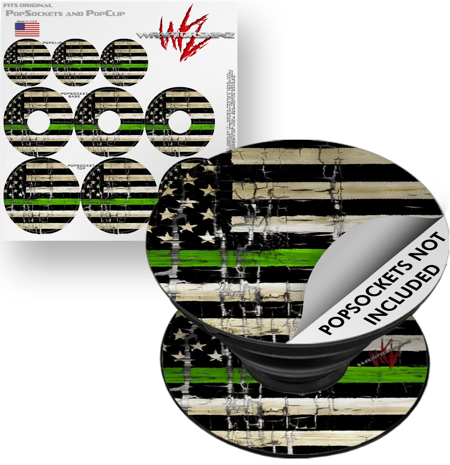 Decal Style Vinyl Skin Wrap 3 Pack for PopSockets Painted Faded and Cracked Green Line USA American Flag (POPSOCKET NOT INCLUDED) by WraptorSkinz