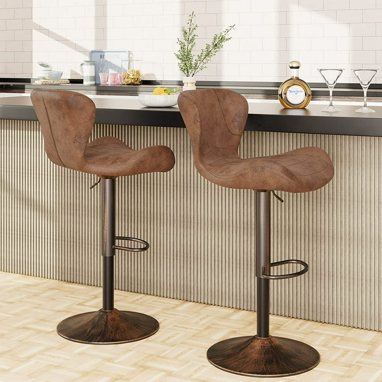 Homfa Swivel Bar Stools Set of 2 Adjustable Height PU Leather Bar Seat with Backrest and Metal Frame for Office Home Kitchen Brown