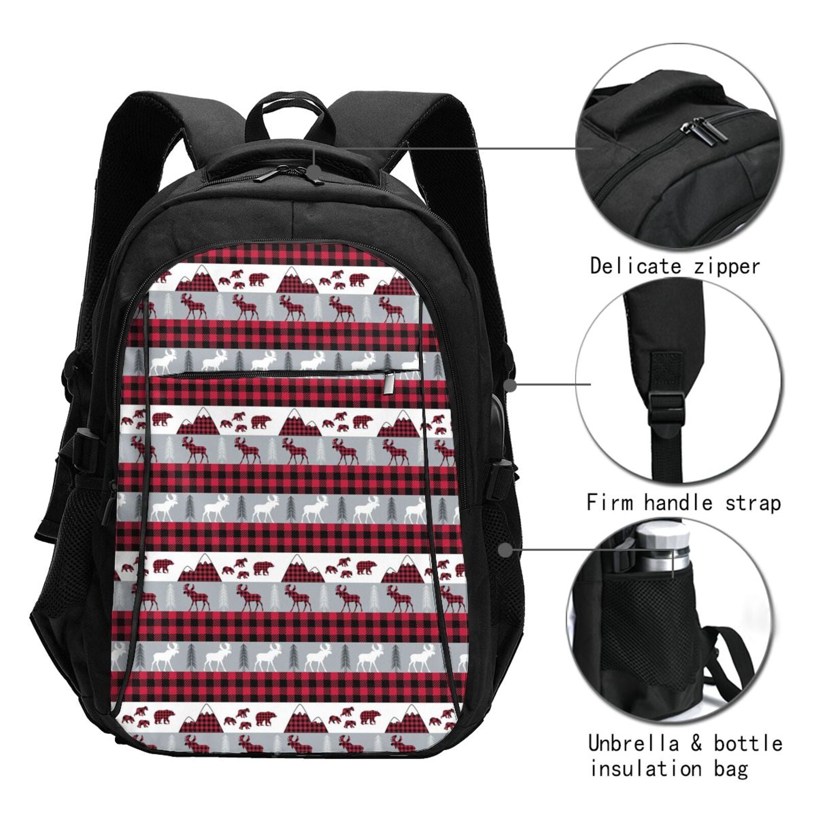 Vsdgher Buffalo Plaid Forest Print Travel Laptop Backpack, Laptops Backpack with USB Charging Port, Water Resistant Computer Bag Gift for Men & Women
