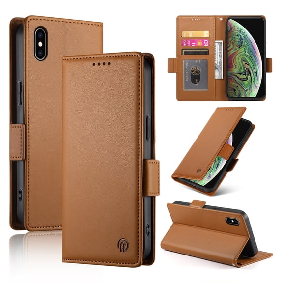 Allytechgroup for Apple iPhone XS Max Case Wallet, Retro PU Leather Slim Fit Business Style Magnetic Closure Cards Slots RFID Blocking Phone Case for Women Men, Brown
