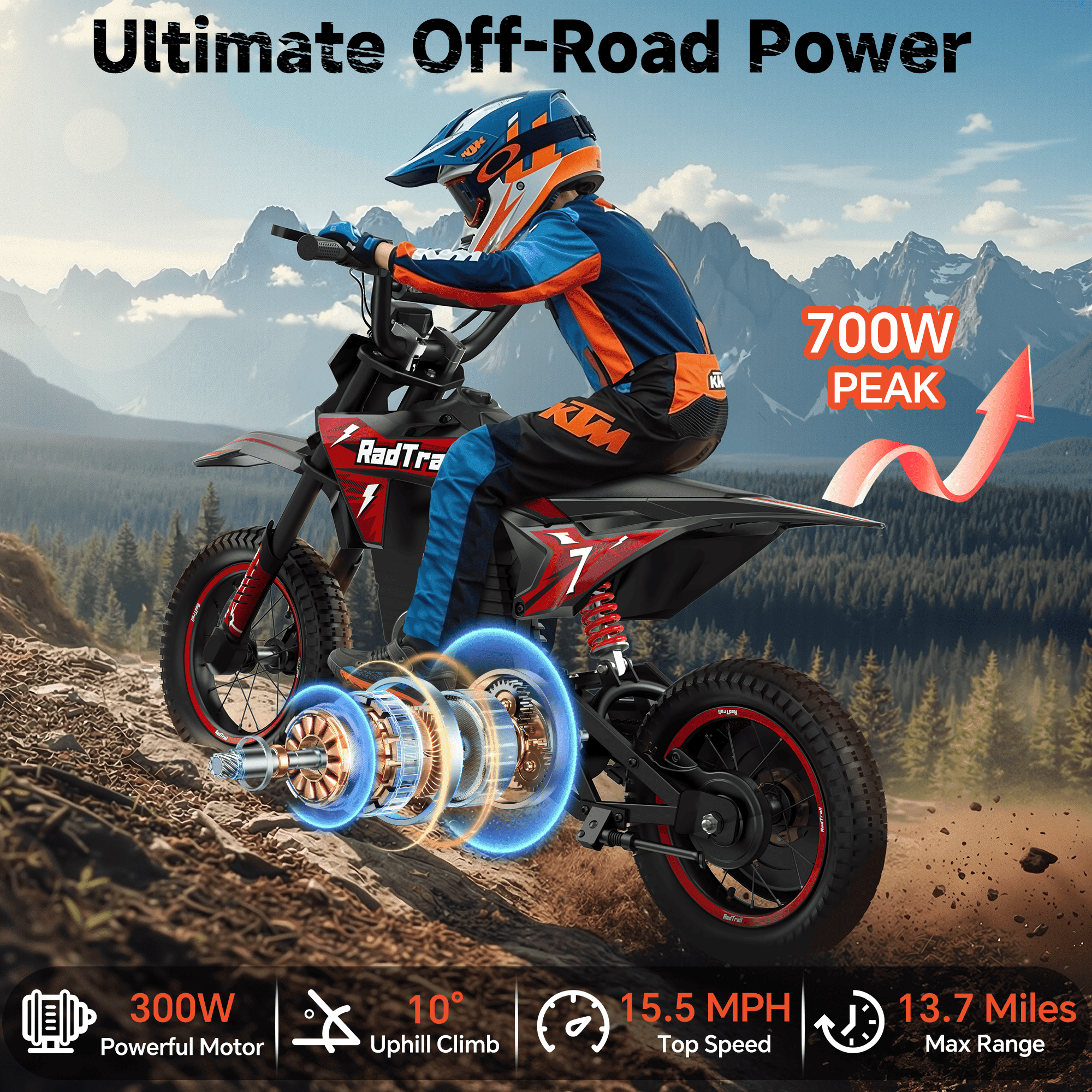 East doll 36V Electric Dirt Bike for Kids, Peak 700W Kids Electric Dirt Bikes, Electric Kids Dirt Bike for Boys Girls Aged 4-8Y, 3-Speed, Max 15.5 Mph, 13.7 Miles Long Range, 3 Light Modes, Red