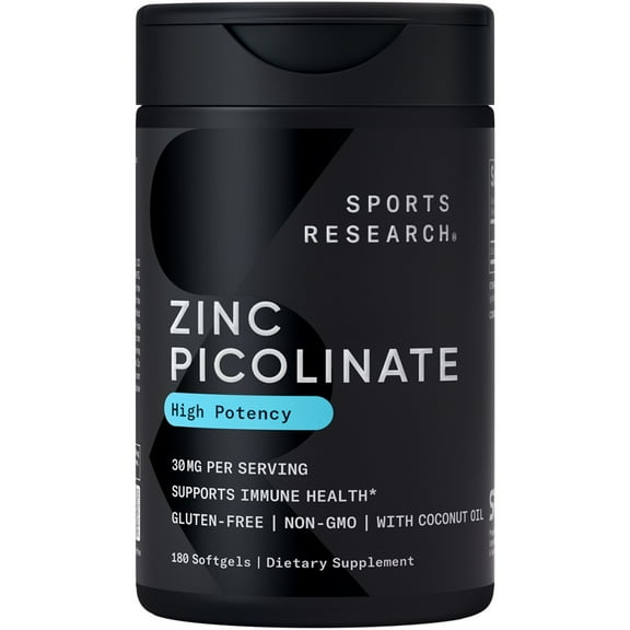 Sports Research® High Potency Zinc Picolinate 30mg Organic Coconut Oil Gluten Free (180 Softgels)