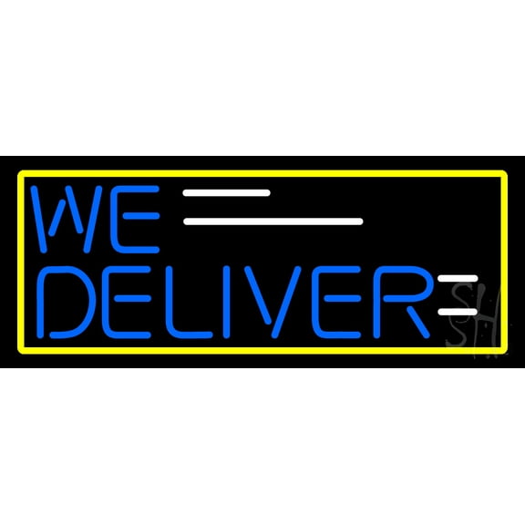 We Deliver Yellow Border LED Neon Sign 13 x 32 - inches, Black Square Cut Acrylic Backing, with Dimmer - Bright and Premium built indoor LED Neon Sign for restaurant window and interior decor.