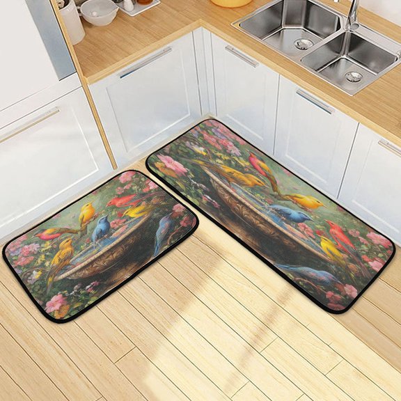 Kitchen Rugs and Mats【2 PCS】Non Skid Colorful Birds Creative Kitchen Mat
