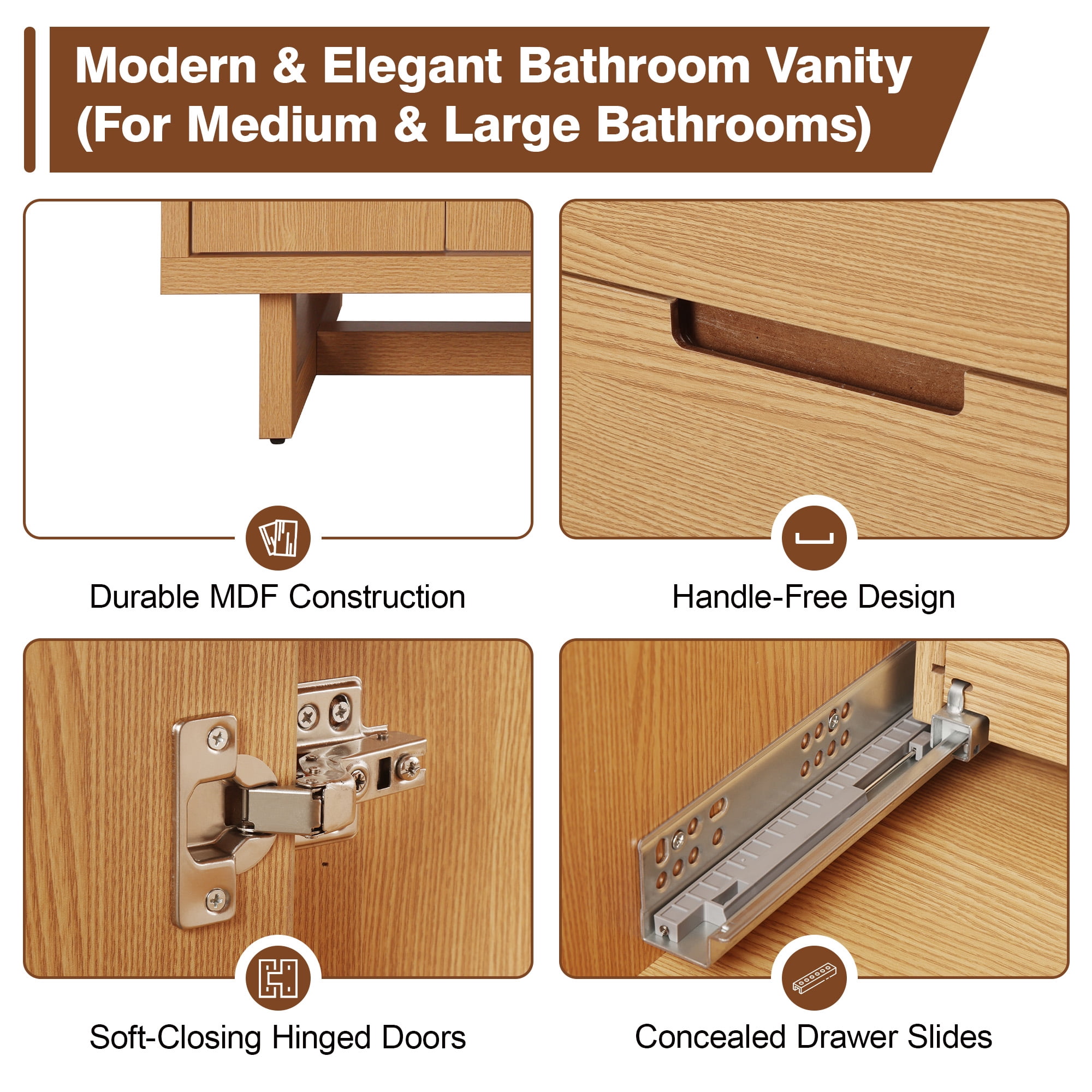 Harper & Bright Designs 59.3'' Bathroom Vanity with Double Sink, Free Standing Single Basin Vanity Set with 4 Doors & 3 Drawers, Handle-Free Design, Soft-Close Hinges, Hidden Drawer Slides, Wood