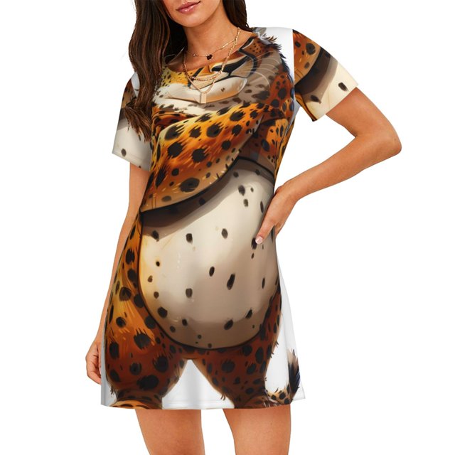 Fotbe Cartoon Cheetah With Attitude Bata de Dormir para Mujer con Estampado, Camisón de Algodón de Manga Corta, Ropa de Dormir Casual