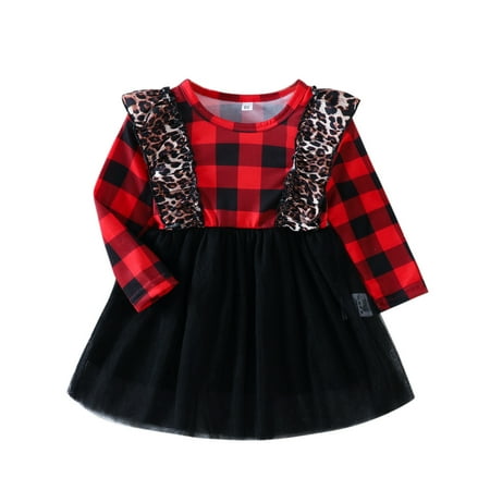 

QYZEU Long Sleeve Dress Girls Fall Applique Dress Toddler Girls Long Sleeve Black Plaid Leopard Prints Dress Princess Dress for Kids Babys Clothes