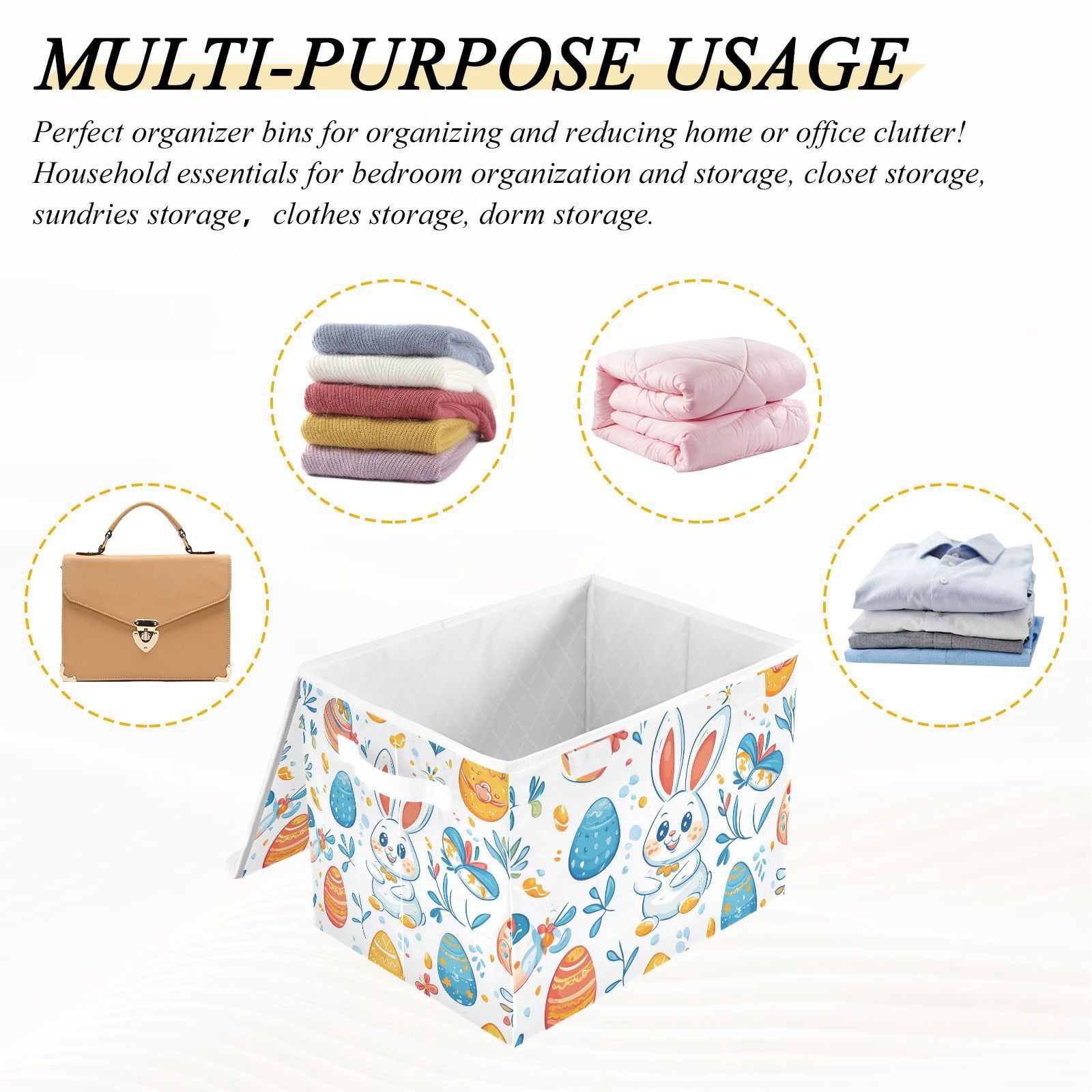 Easter Eggs Rabbits Leaves Storage Basket for Shelves Foldable Container Organizer for Organizing Toys Clothes Books with Handles