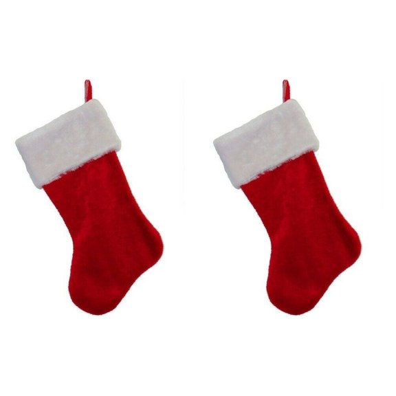 2 set of 17" Traditional Red with White Trim plush Cuff Hanging Christmas holiday Stocking Decoration