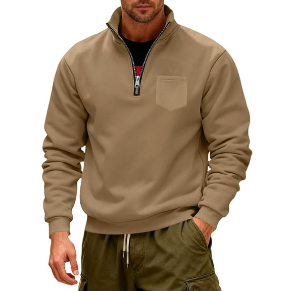 XIAONU Heavyweight Sweatshirt Half-Zip Stand Collar Pullover Top Casual Comfort Outdoor Sweatshirts Khaki XL