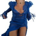 thumbnail image 3 of Women Long Split Dress Long Sleeve Deep Neck Drawstring Ruffle Dress, 3 of 9