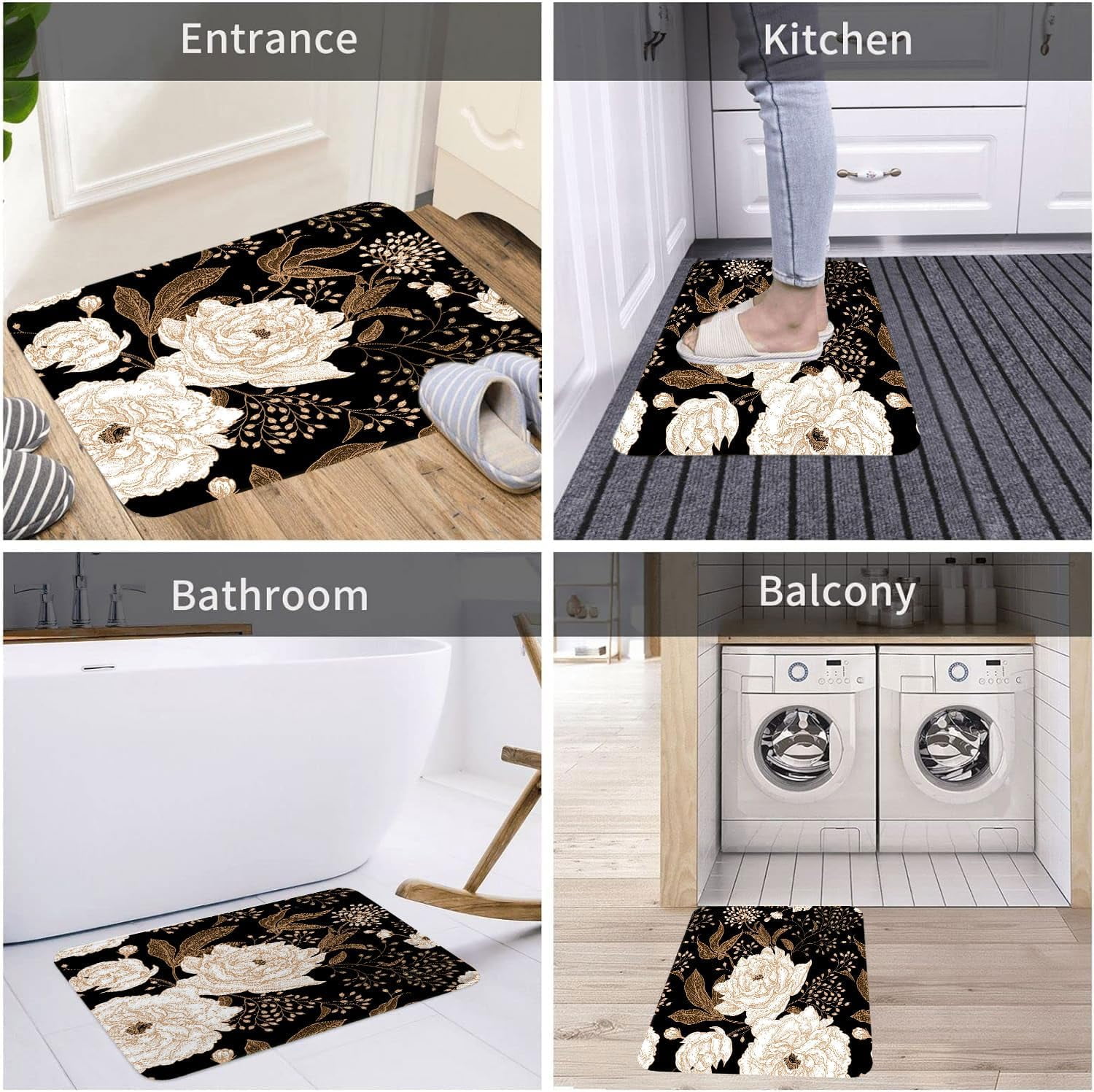 Black and Gold Bathroom Rugs, Dark Roses Leaves Botanical Aesthetic Boho Floral Bath Mat, Vintage Rose Gold Flowers Unique Chic Outdoor Rug, Soft Non Slip Floor Rugs for Living Room Doormat, 17x29