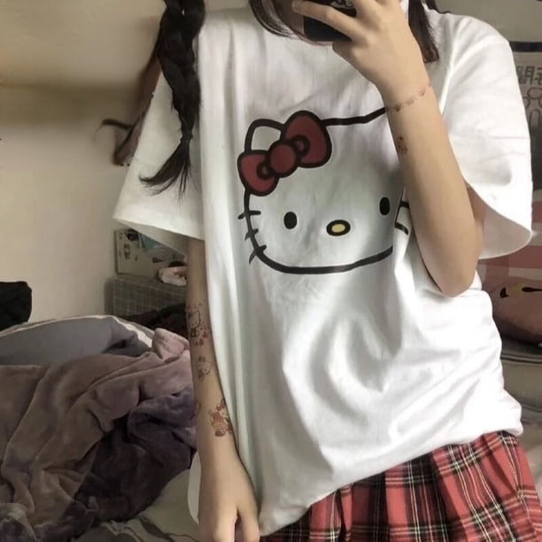 Camiseta de algodón de manga corta con estampado de Hello Kitty, camiseta transpirable holgada de gran tamaño con elemento de lazo, corazón de Anime de dibujos animados para niña