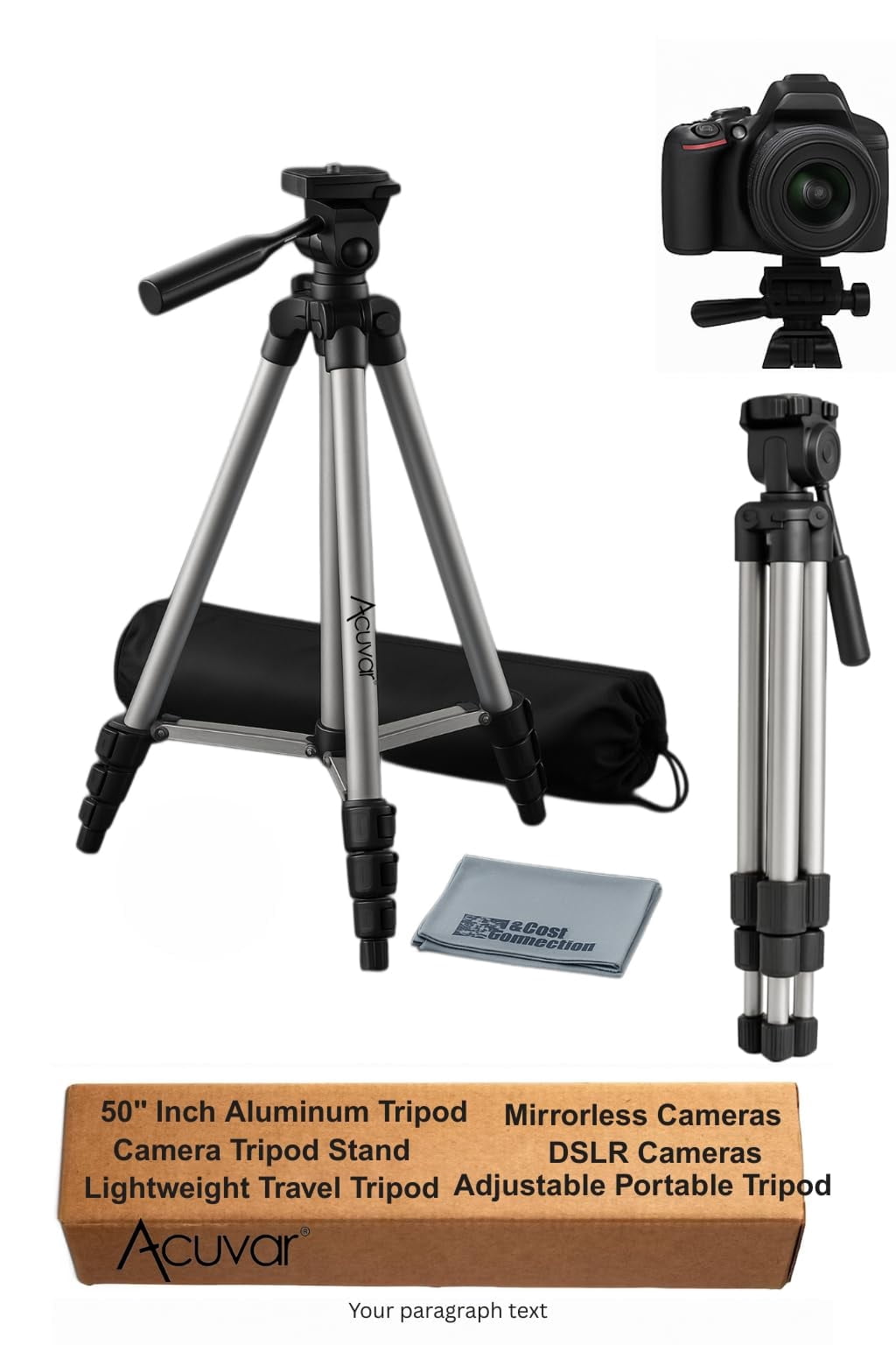 50-Inch Lightweight Aluminum Camera Tripod Stand–Universal Travel Tripod Compatible with DSLR Cameras, Mirrorless Cameras, Camcorders, and Vlogging Setups, Adjustable Portable