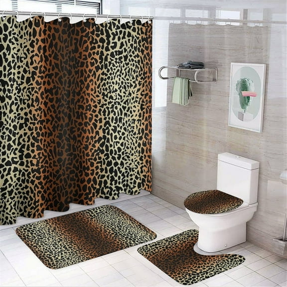Leopard Print Shower Curtain Set Modern Bathroom Decor Mats 4pcs Fabric Bathroom Curtain Slip Floor Rug Toilet Lid