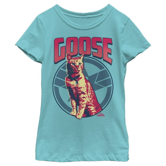 Girl's Marvel Captain Marvel Goose Cat Badge Graphic Tee Tahiti Blue Small