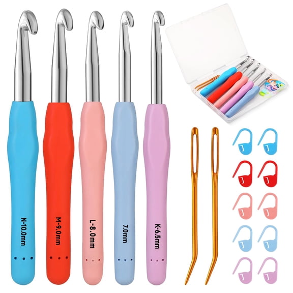 Large Crochet Hook Set, 5 Sizes Ergonomic Silicone Handle Aluminum Needles, K/6.5mm to N/10.0mm Knitting Hooks for Thick Yarn, Beginners Crochet Kit, Gift for Crocheters