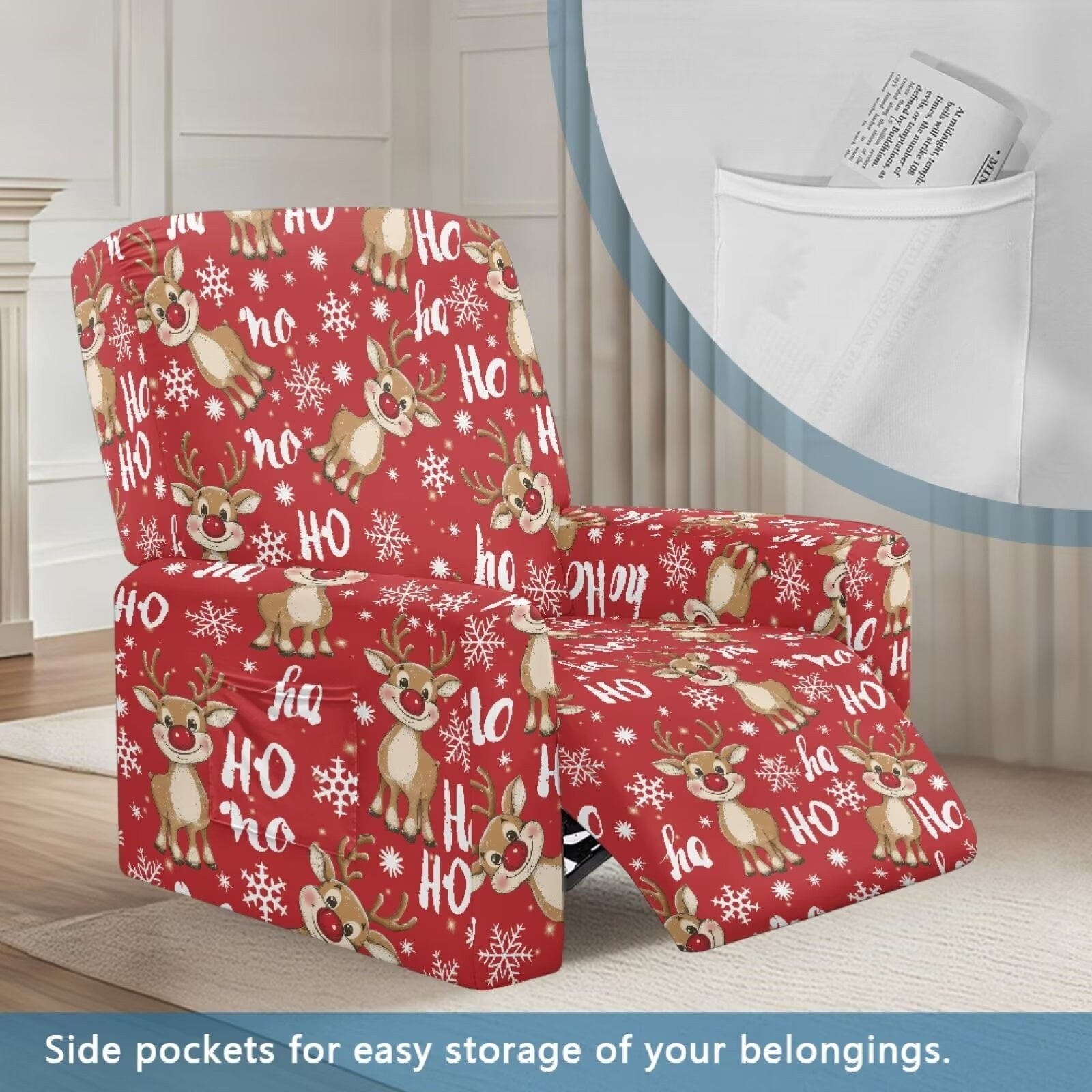 Yuyamidu Christmas Reclining Chair Covers 4 Pieces Reindeer Recliner Covers That Stay in Place Non Slip Lazyboy Covers Couch Chair Cover for Living Room Bedroom Home Decor