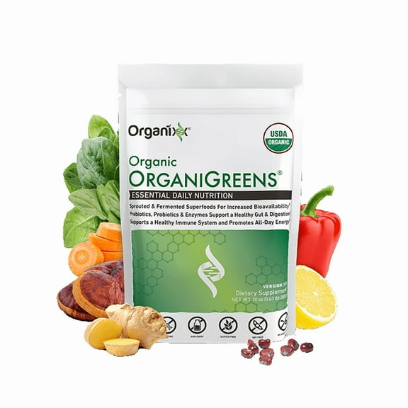Organixx Greens Powder Drink Mix with Probiotic Digestive Enzymes, Gluten Free, Vegan, Daily Superfood Powder Supplement for Gut Health, Energy, Immune Support, USDA Organic, Non GMO, 10 oz Bag