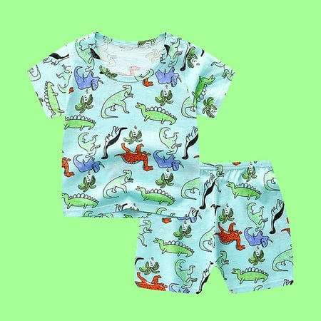 

TMOYZQ Children Summer Two Piece Set Casual Round Neck Short Sleeve Black Cartoon Printed T-shirt Tops + Elastic High Waist Shorts Boys Girls Sports Suit Outfits