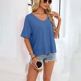 thumbnail image 4 of idosla Oversized Cropped Tshirts for Women Short Half Sleeve V Neck Tops Summer Flowy Split Hem Basic Tee Shirts (Navy, S), 4 of 6