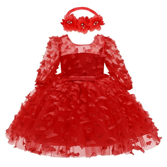 Baby Girls Butterfly Mesh Long Sleeve Princess Dress & Headband Set