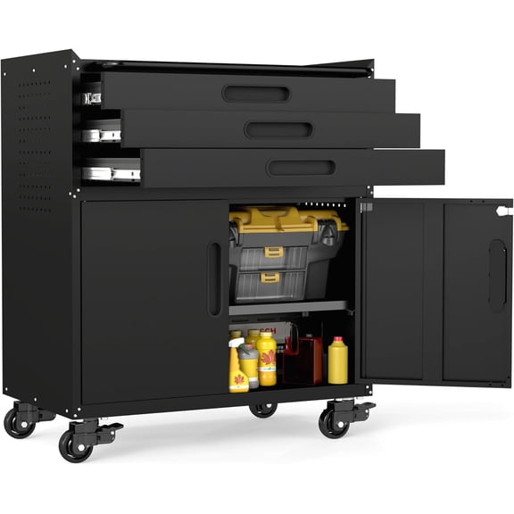 IKIMI Metal Garage Storage Cabinet with Wheels, Lockable Rolling Tool Cabinet with 2 Pegboard and 10 Hook for Workshop, Basement, Warehouse