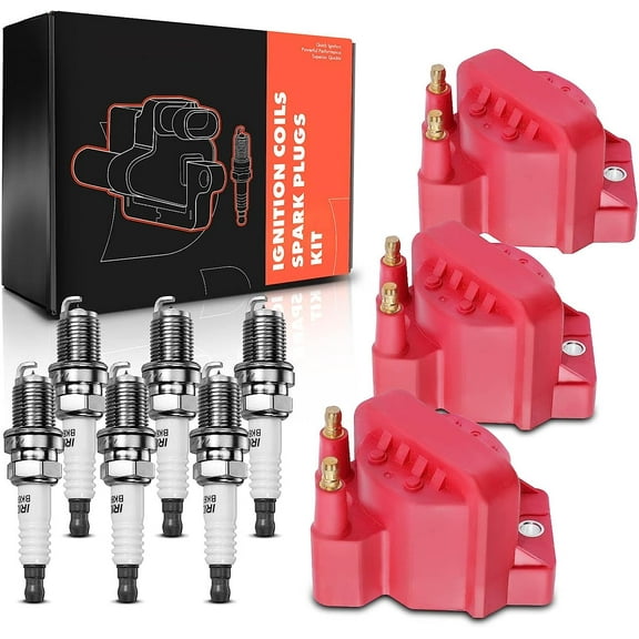 A-Premium 3x (Red) Ignition Coil Pack and 6x Iridium Spark Plugs Compatible with Chevrolet Malibu Impala Venture Buick LaCrosse Cadillac Pontiac Oldsmobile
