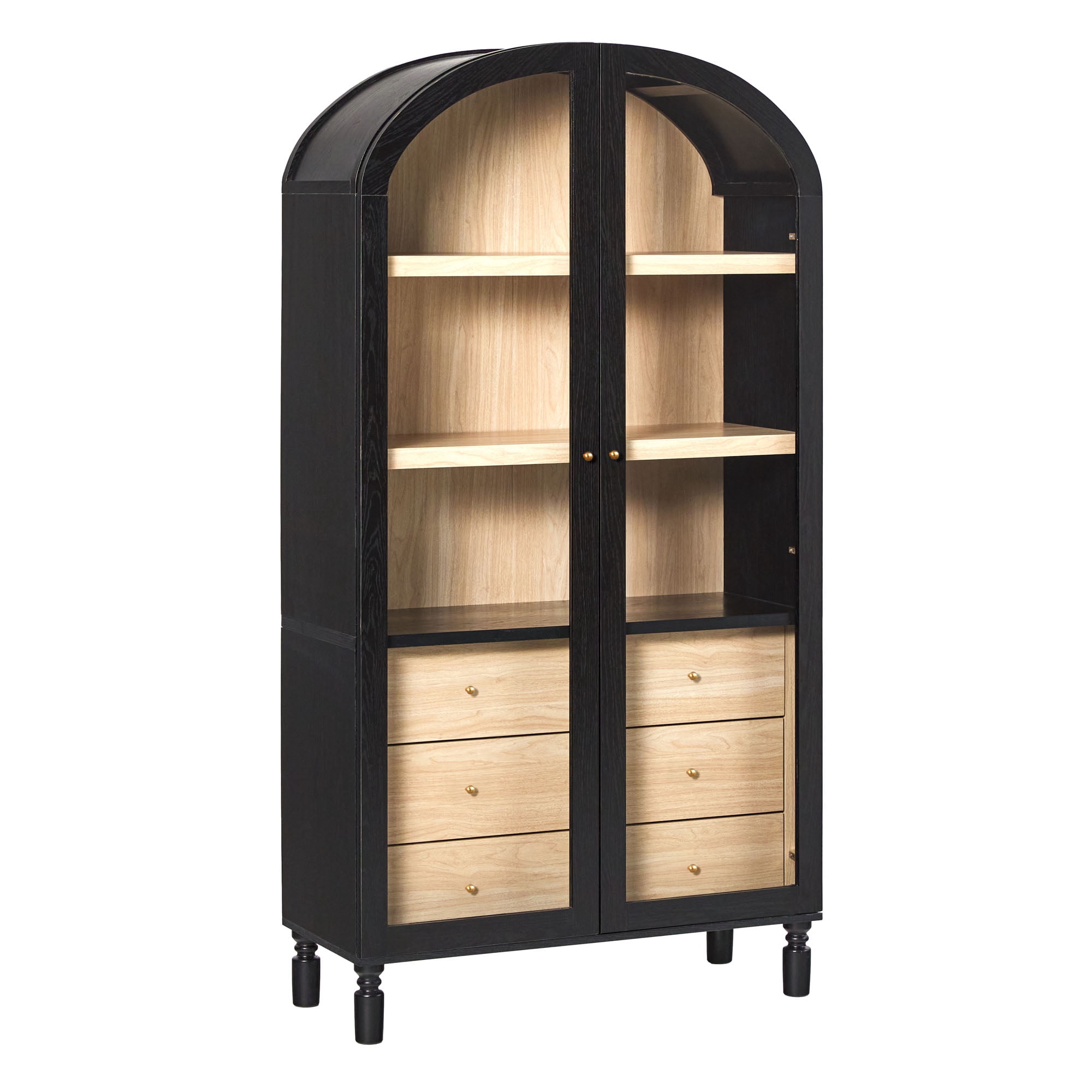 Walker Edison Modern Arched Bookshelf Tall Glass Door Cabinet with Inner Drawers, Black