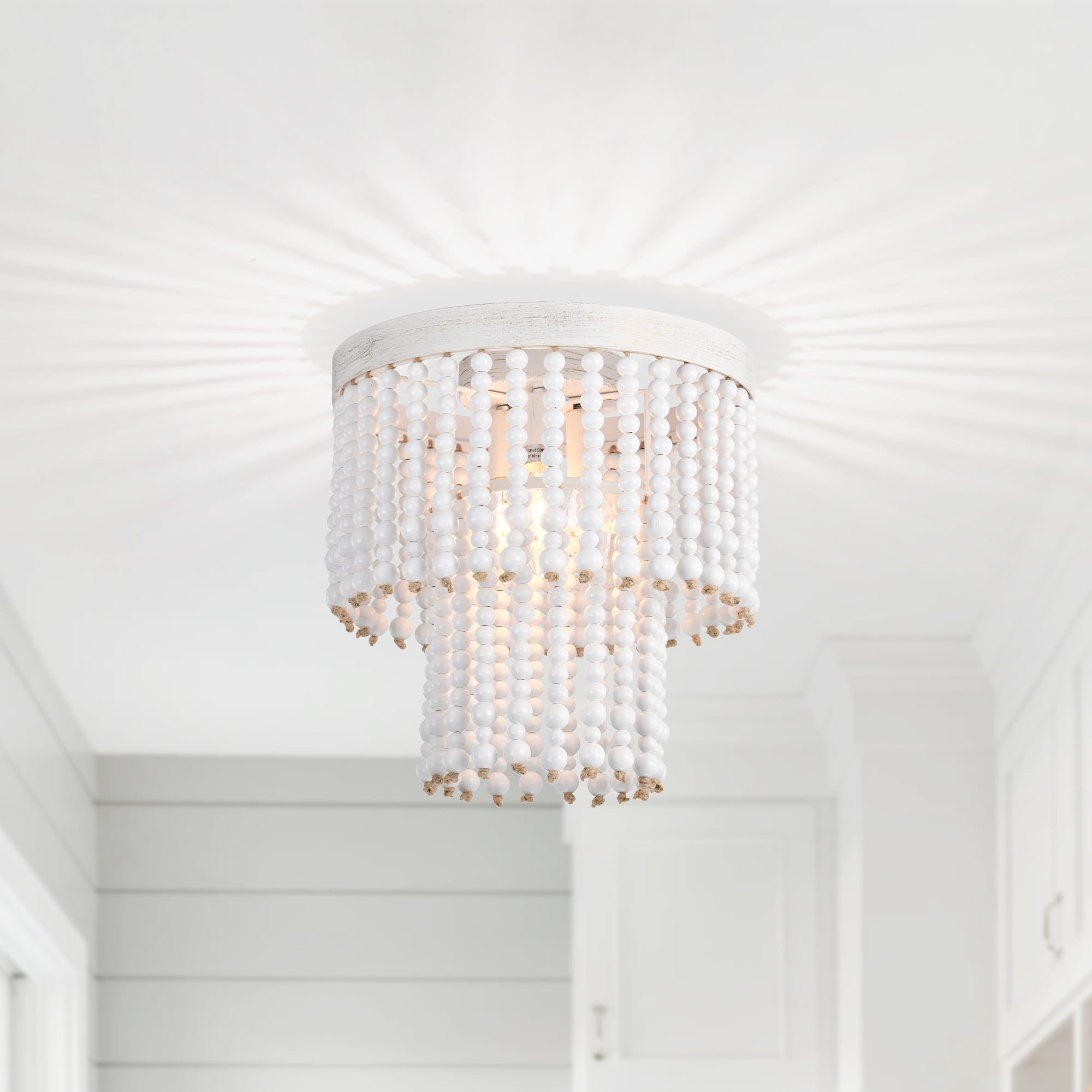 LaLuLa Wood Bead Chandelier 2Tier 3Light Boho Flush Mount Ceiling