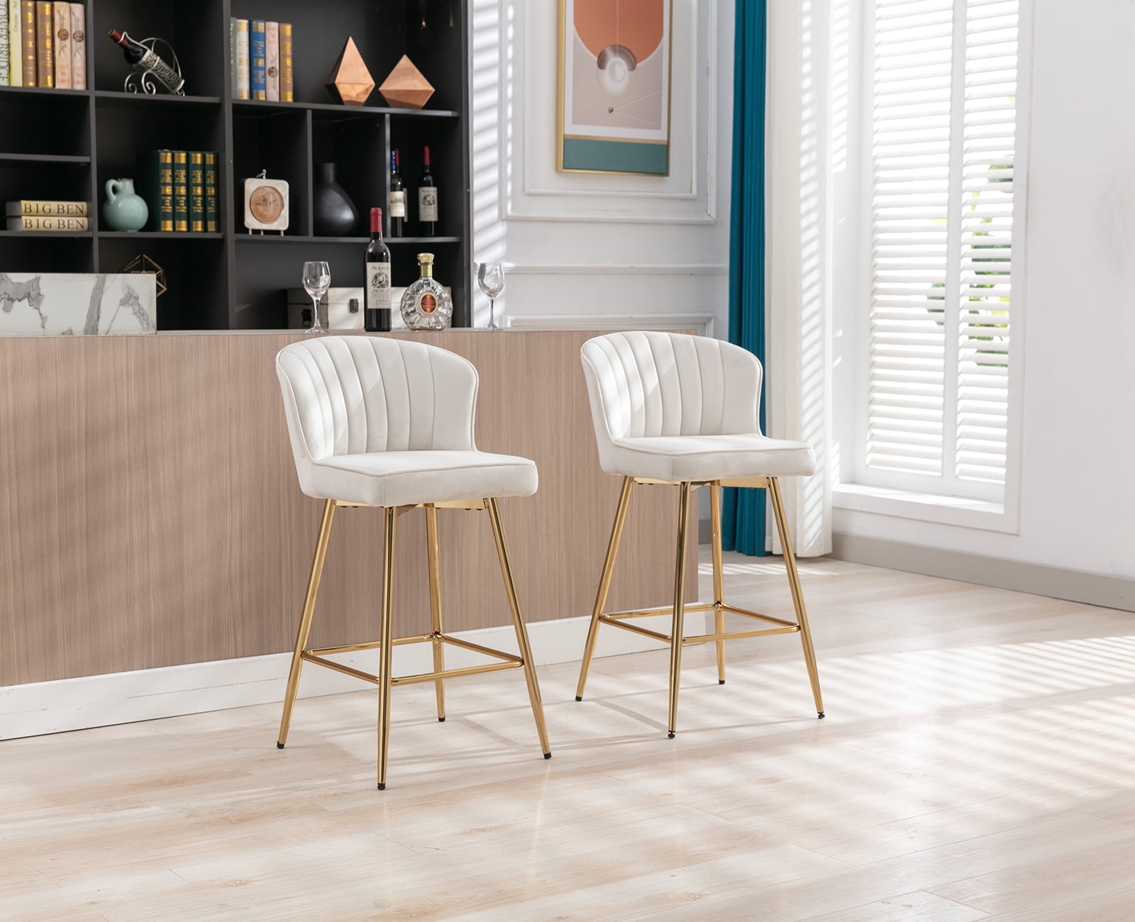 Guyou 26” Counter Height Bar Stools Set of 2, Modern Velvet Upholstered Kitchen Island Chairs, Barstools with Back and Footrest for Kitchen Island Pub Restaurant, Beige