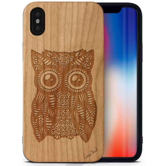 Case Yard Wooden Case Outside Soft TPU Silicone, Slim Fit Shockproof Wood Protective Phone Cover for Girls Boys Men and Women, Supports Wireless Charging Great Owl Design case for iPhone-XS-Max