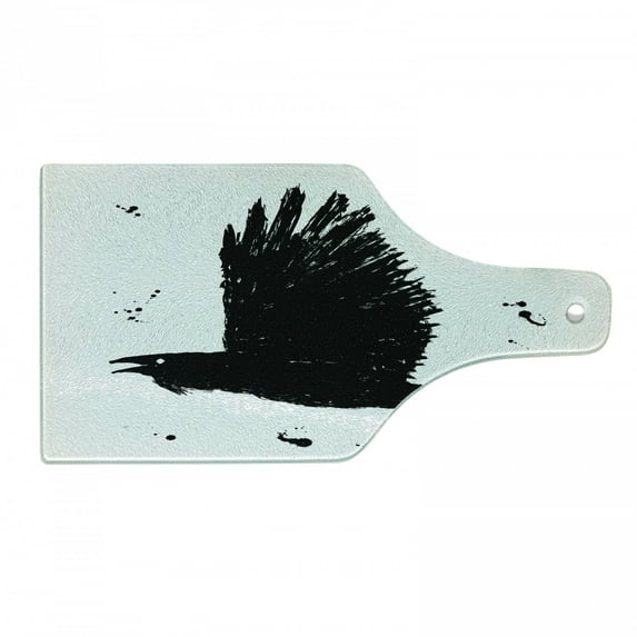Black Crow Cutting Board, Grunge Hand Drawn Ink Sketch of Flying Bird Gothic Art Paint Drops, Decorative Tempered Glass Cutting and Serving Board, in 3 Sizes, by Ambesonne