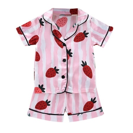 

GUNIA Kids Baby Boys Girls Pajamas Toddler Cartoon Strawberry Stripe Print Short Sleeve Tops+Pants Loungewear Outfits Leisure And Fashion Homewear Basic Cotton Sleepwear For Daily