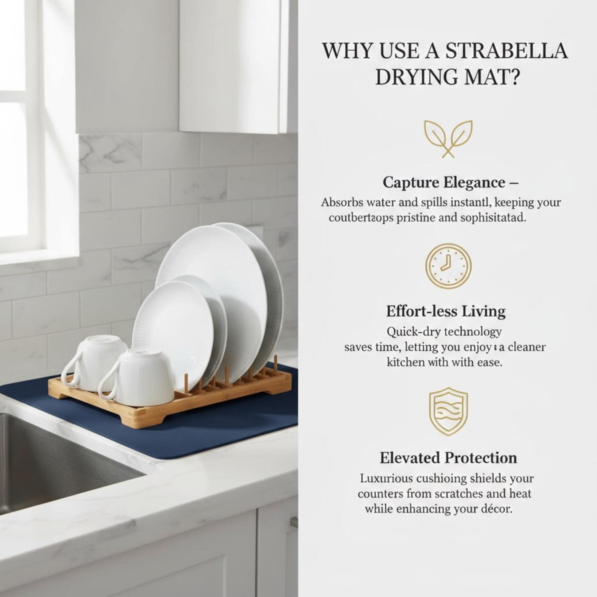 STRABELLA: Dish Drying Mat - 24x16", Navy Blue - Super Water Absorbent, Quick Dry Foam, Multi-Purpose, Kitchen Countertops, Non-Slip, Machine Washable