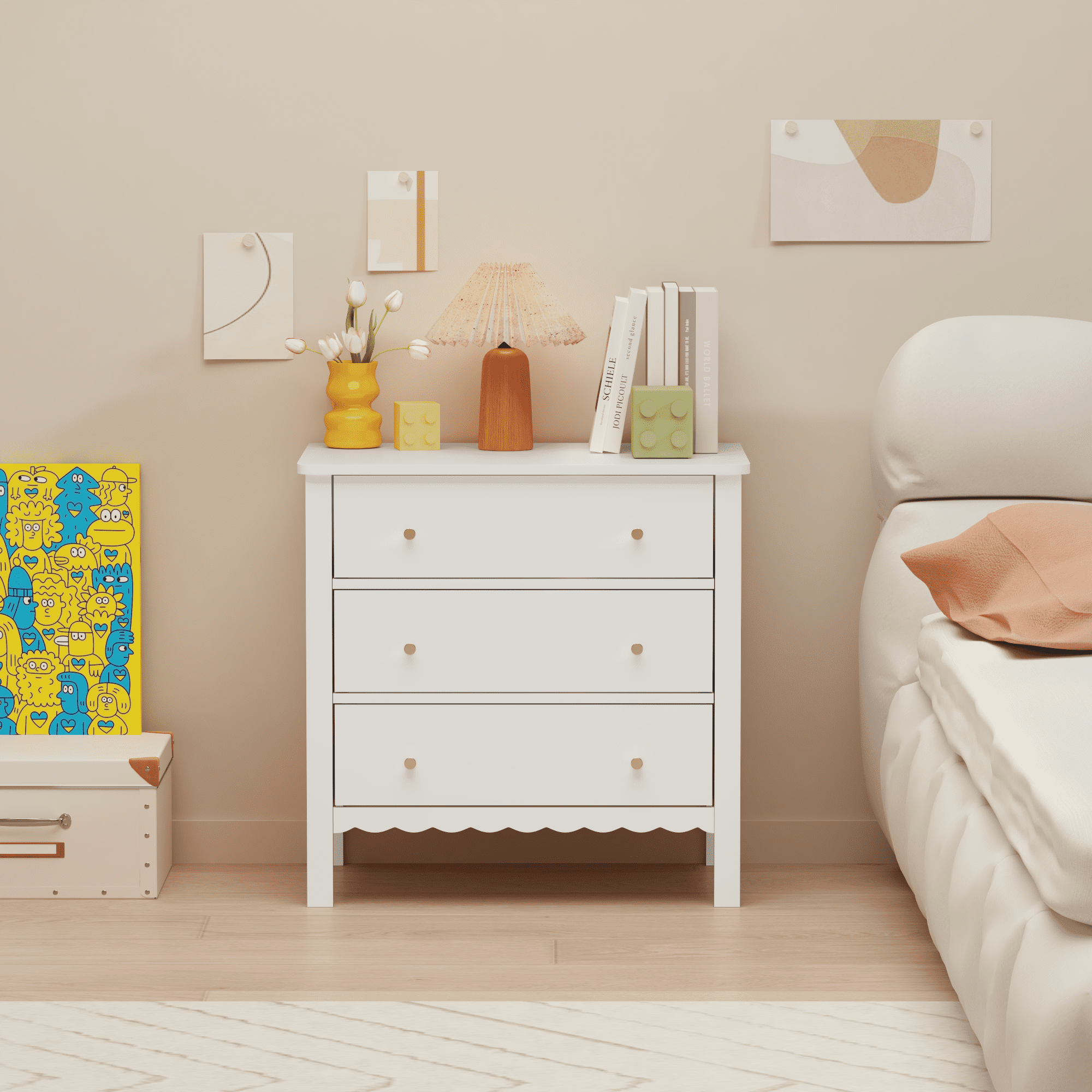 3-Drawer Dresser 31.5x15.7x31.5 Inch White MDF with Gold Knobs for Bedroom Nursery Kids Room