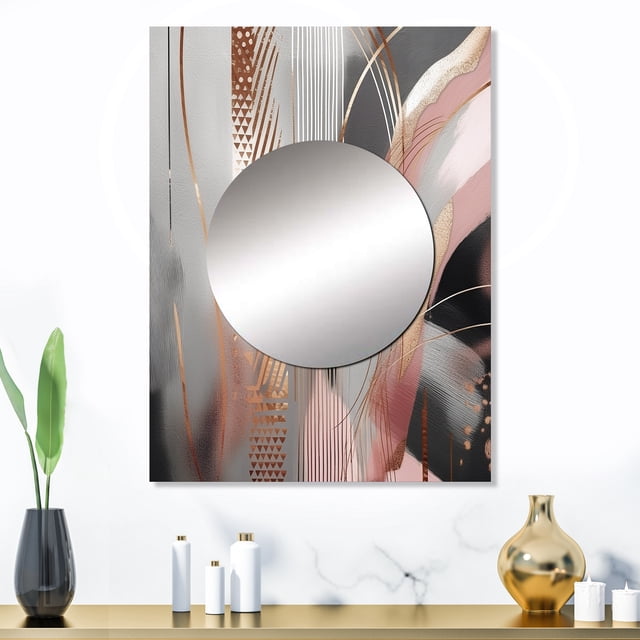 Designart "Complexity in Rose Gold Circles I" Modern Shapes Transitional Mirror Wall Decor - Modern Pink Abstract Large Printed Mirror Wall Decor For Bedroom - 32" x 24" Inch