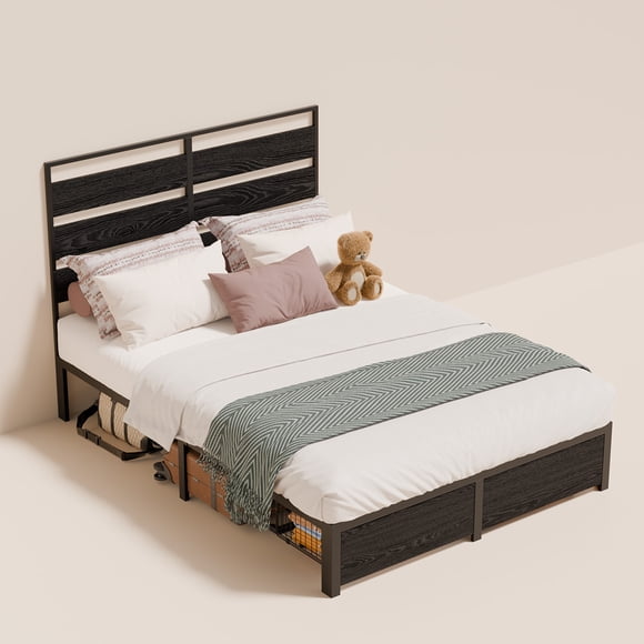 Base de Cama Industrial Madera Metal Negro con 2 Cajones Inferiores con Ruedas, Cabecero de Tres Paneles para Colchón Tamaño Full