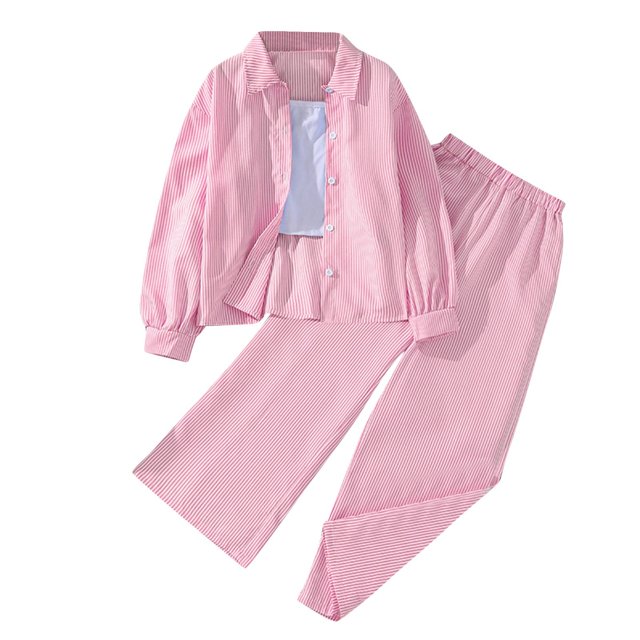 Plebaso 3-12T Girls 2 Piece Stripe Outfits Wide Leg Pants Button down Collar Shirts Kid Girls Clothes Set