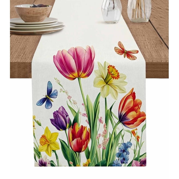 Ldtrchee Spring Floral Table Runner 60 Inches, Vintage Tulip Butterfly Botanical Summer Bed Runner Dresser Scarves Tabletop for Indoor Outdoor Parties/Ceremony/Banquet, 13" x 60"