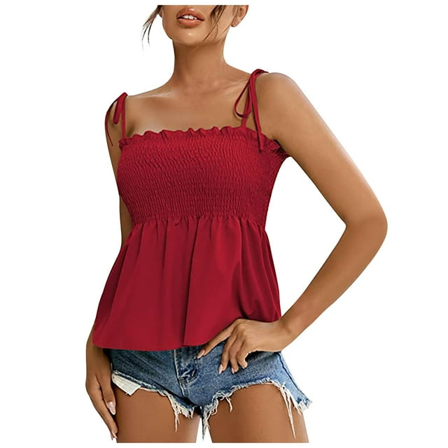 Timegard Tank Tops for Women Spaghetti Strap Elastic Waist Ruffle Camis Tee Tunic Tops Summer Fashion