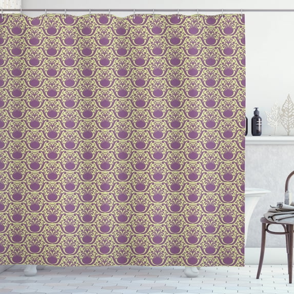 Victorian Shower Curtain, Vintage Damask Style Abstract Motifs with Curlicues Old Style, Fabric Bathroom Set with Hooks, 69W X 84L Inches Extra Long, Antique Fuchsia Pale Green, by Ambesonne