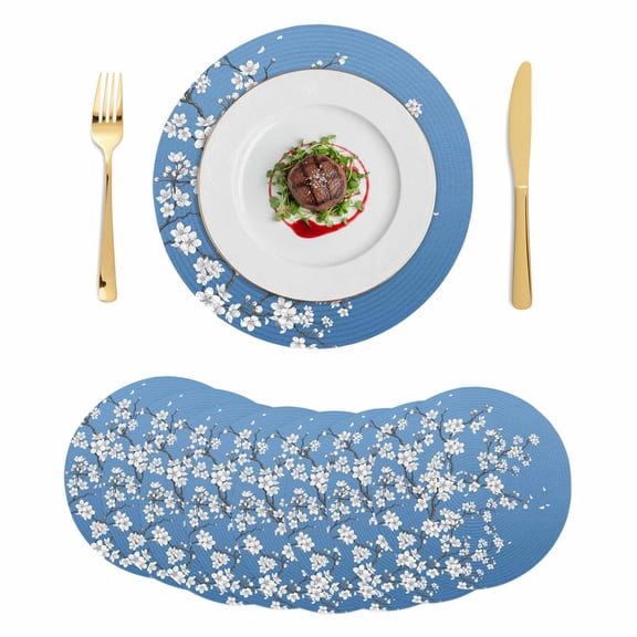 Spring Floral Round 15 Inch Placemats Set of 8, White Cherry Blossom Fowers Sky Blue HeatResistant Non Slip Place Mats for Dining Table, Wipeable Braided Kitchen Table Mats for Housewarming