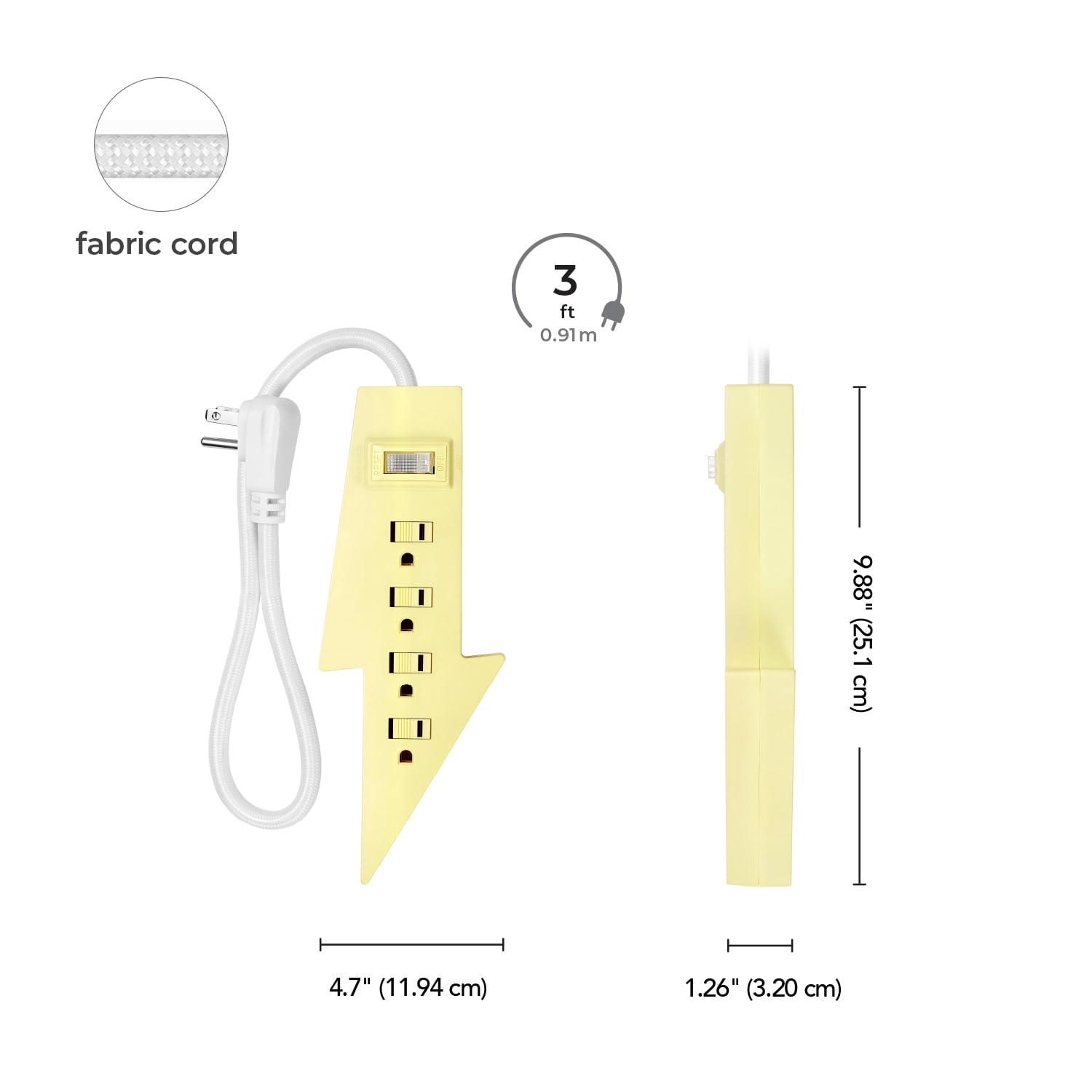 Globe Electric 4-Outlet Indoor Power Strip, 3 ft Braided Fabric Cord, Flat Plug, Yellow