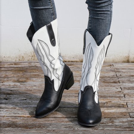 

Njoeus Tall Boots For Women Wide Calf Black Riding Boots Women S Shoes Fashion Retro Pointed Toe Mid-Heel High-Top Knight Boots Embroidery Boots Mid Calf Boots For Women Low Heel