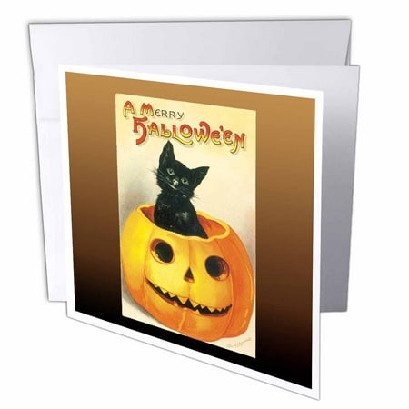 3dRose Vintage A Merry Halloween with a Black Cat sitting in a Jack O Lantern Pumpkin - Greeting Cards, 6 by 6-inches, set of 6