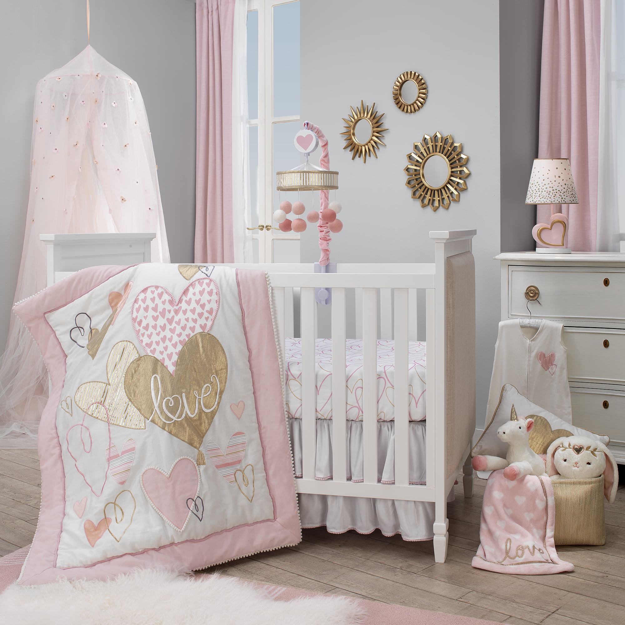 pink and gold baby bedding